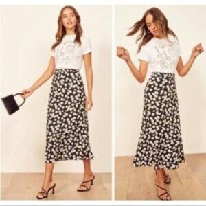 Reformation Daisy Chain Floral Midi Side Split Skirt Black - Size 2